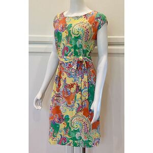 Women's Sz Medium RALPH LAUREN Multicolor Paisley Knit Belted Sheath Dress EUC
